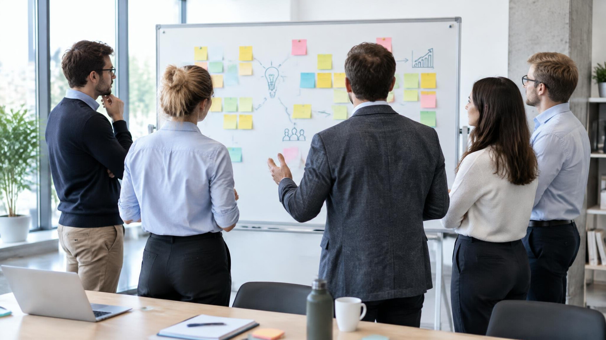 Workshop meeting with a whiteboard covered in sticky notes