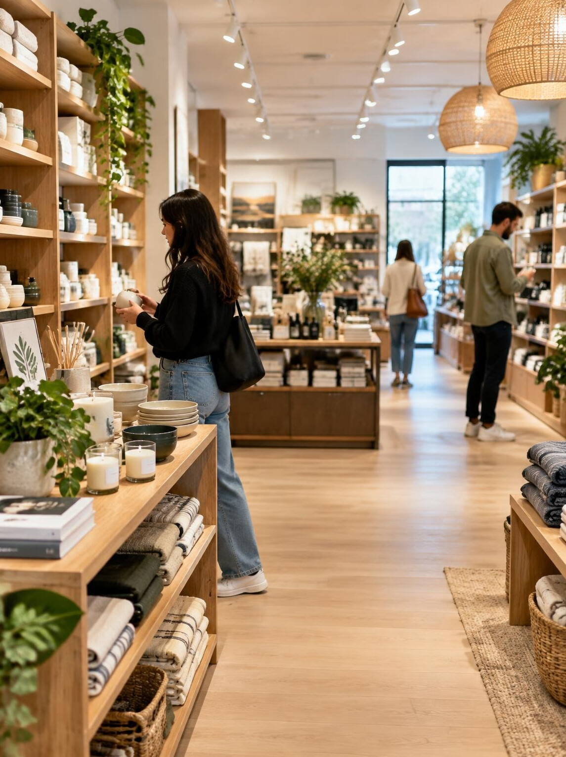 Bright retail store interior with shelves and customers browsing