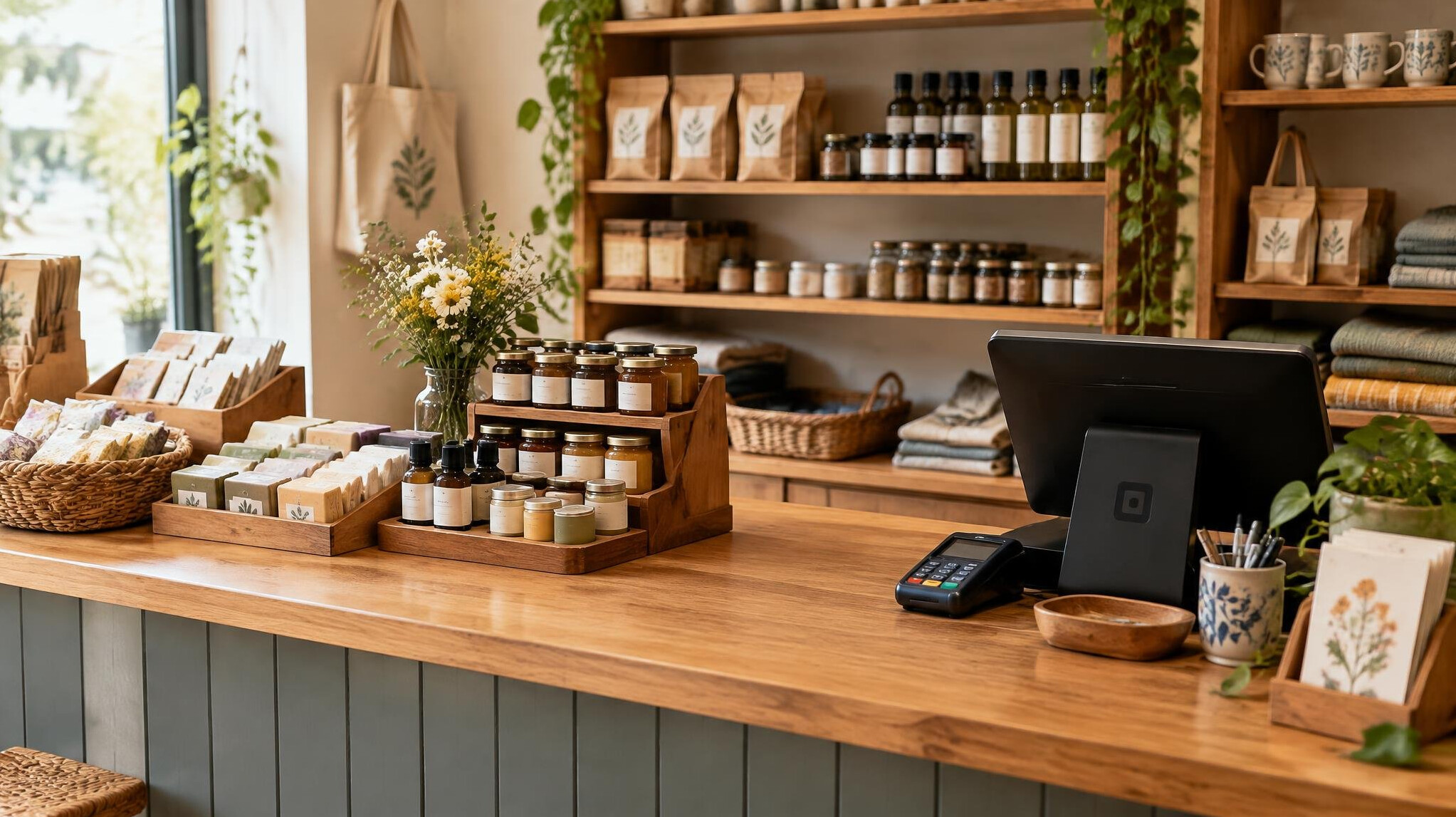 Small shop owner arranging products at the counter